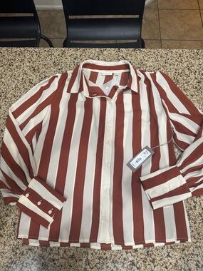Eva Mendes long sleeved Striped Button-Up Blouse in Rust & Ivory NWT SIZE LARGE